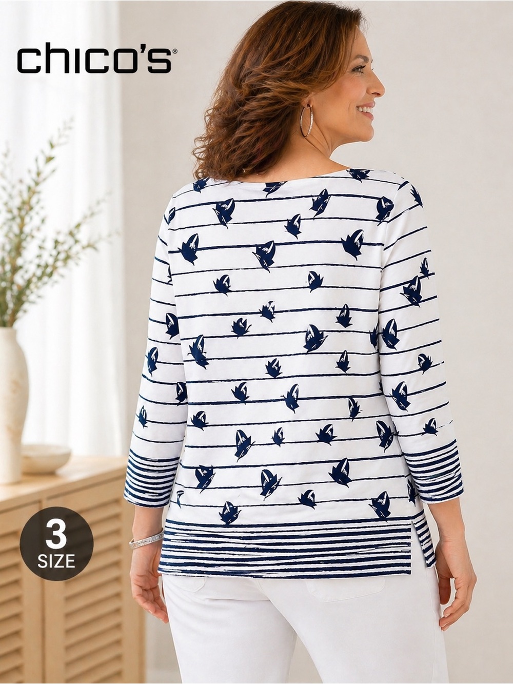 Chico’s Long Sleeve Nautical Print Knit white blue Top – Size 3 (XL / US 16) - Picture 2 of 7